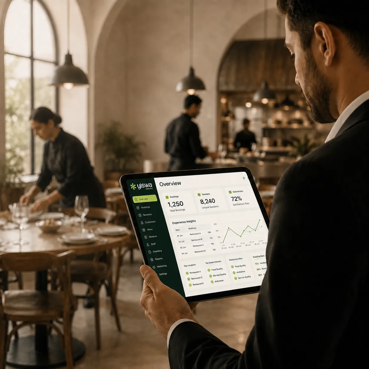Yiswa Connect restaurant management dashboard on a tablet